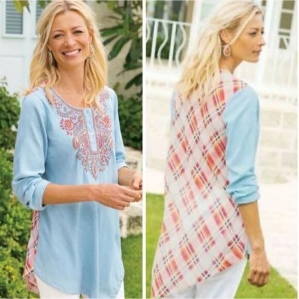 Soft Surroundings Work of Heart Tunic Top Size XL Embroidered Asymmetrical Tence